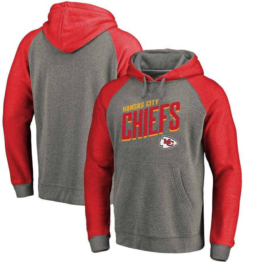 Men Kansas City Chiefs NFL Pro Line by Fanatics Branded Slant Strike TriBlend Raglan Pullover Hoodie Heathered Gray